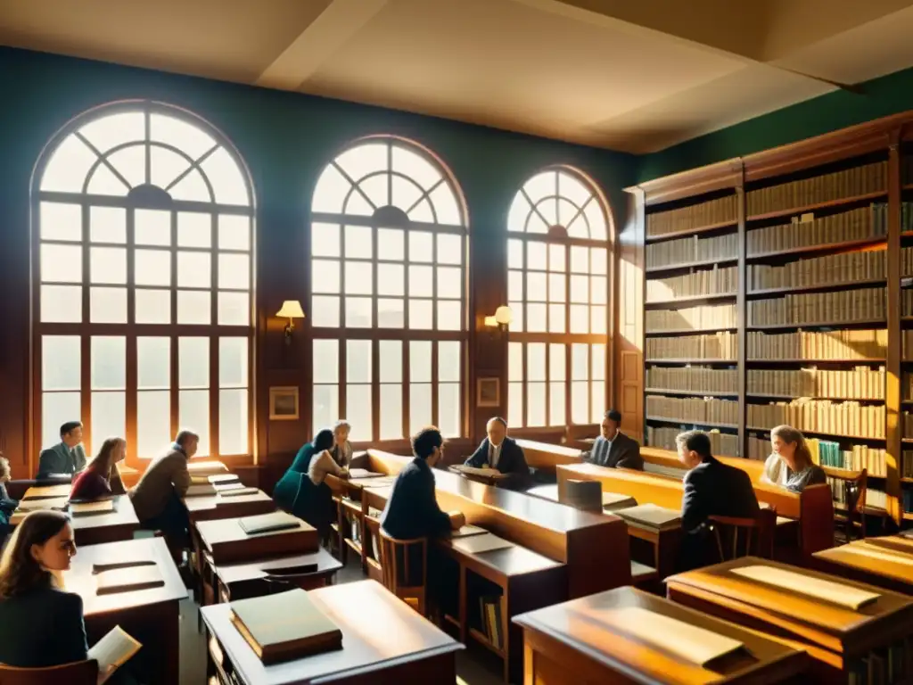 Una ilustración vintage de una concurrida biblioteca llena de libros antiguos sobre lenguaje, lingüística y literatura