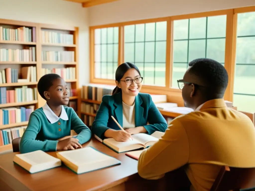 Consultor lingüístico: enseñanza acogedora y diversa Un consultor de lenguas rodeado de libros asiste a estudiantes de todas las edades y orígenes en una acogedora sala de estudio iluminada, utilizando estrategias de enseñanza de segundas lenguas