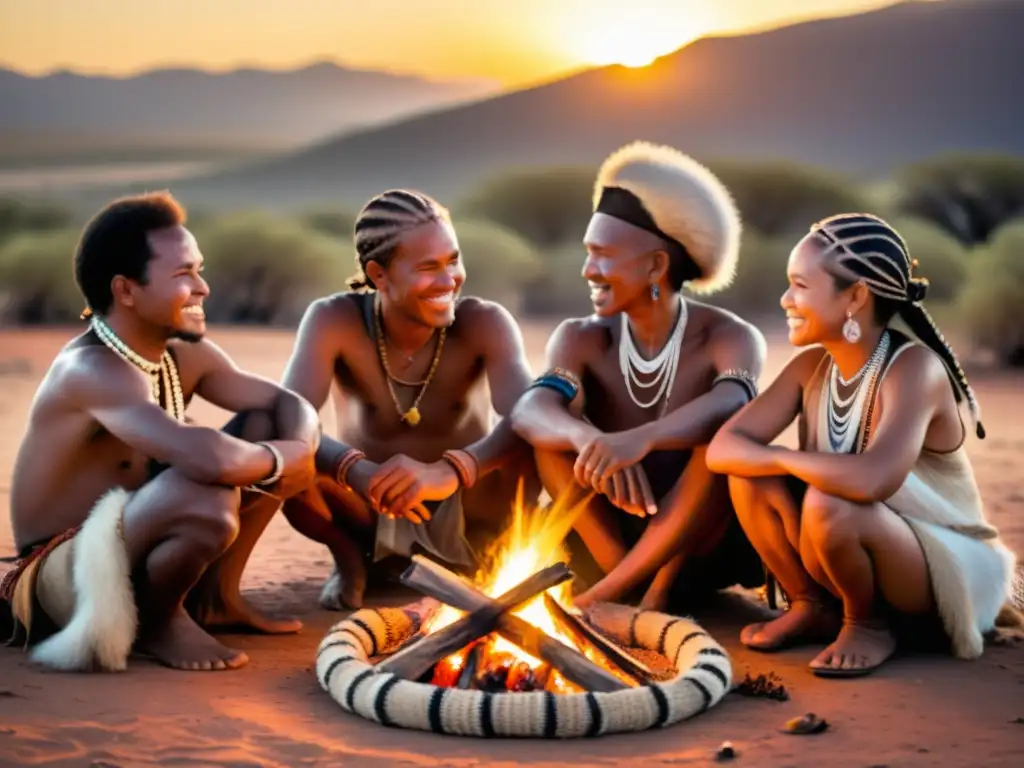 Conversación animada alrededor del fuego al atardecer, lenguas khoisan y sonidos únicos