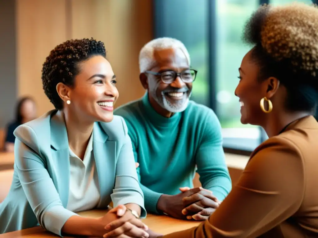 Conversación inclusiva en un entorno acogedor que resalta el papel del lenguaje en igualdad, promoviendo la diversidad y el respeto mutuo