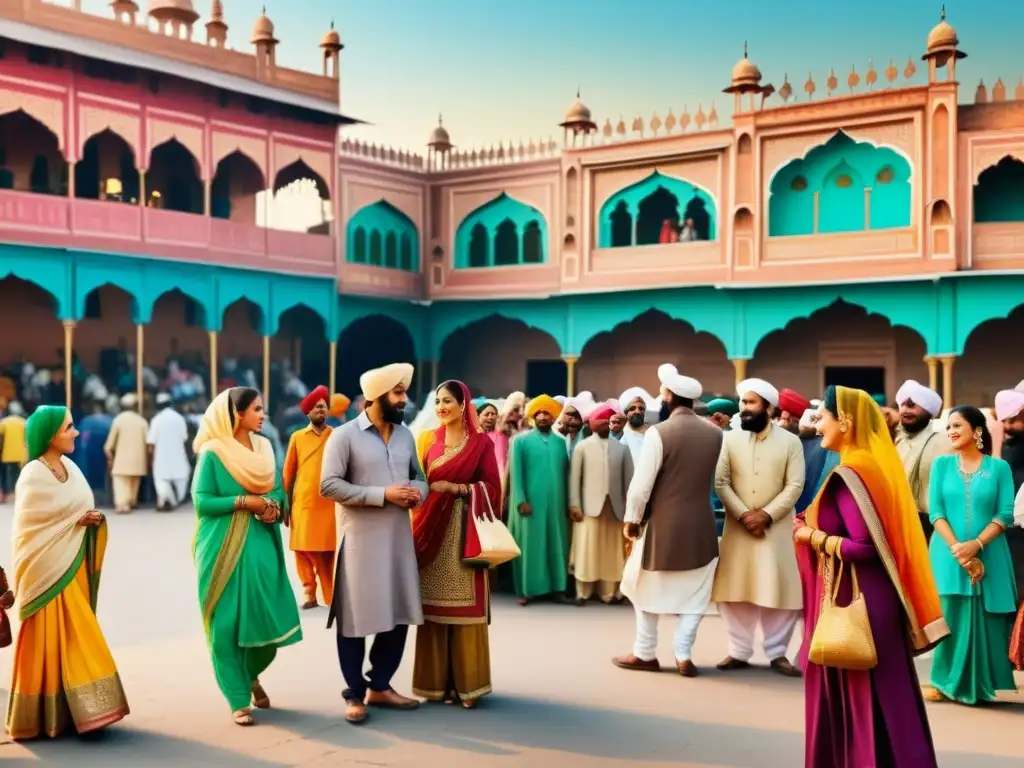 Conversaciones animadas en el mercado de Punjab, con detalles de vestimenta tradicional y colores vibrantes