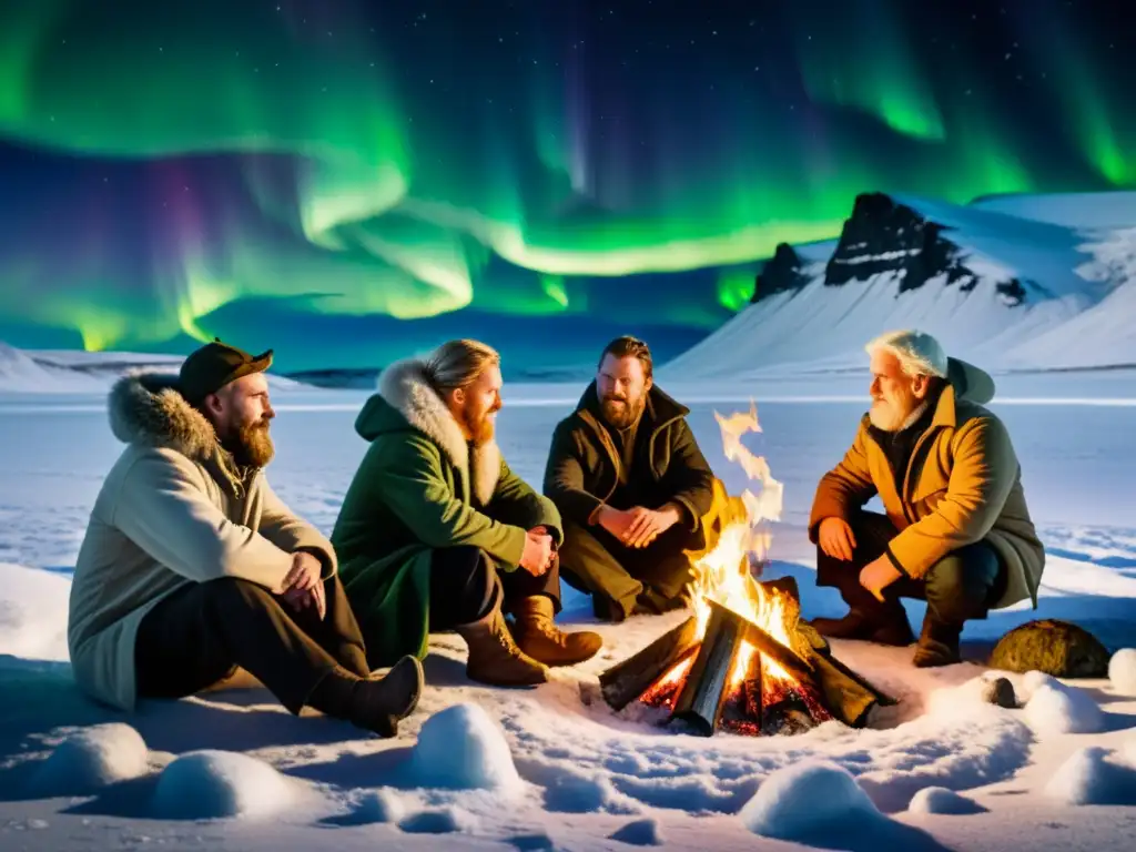 Un cuadro vintage de narradores islandeses reunidos alrededor de una fogata en un paisaje nevado, con la aurora boreal brillando en el cielo