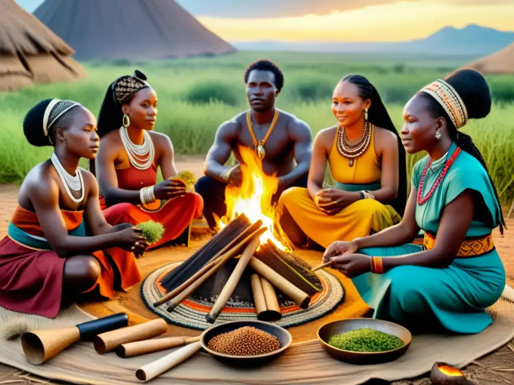 Curanderos bantúes realizando un ritual de sanación alrededor del fuego, con hierbas medicinales y vestimenta tradicional