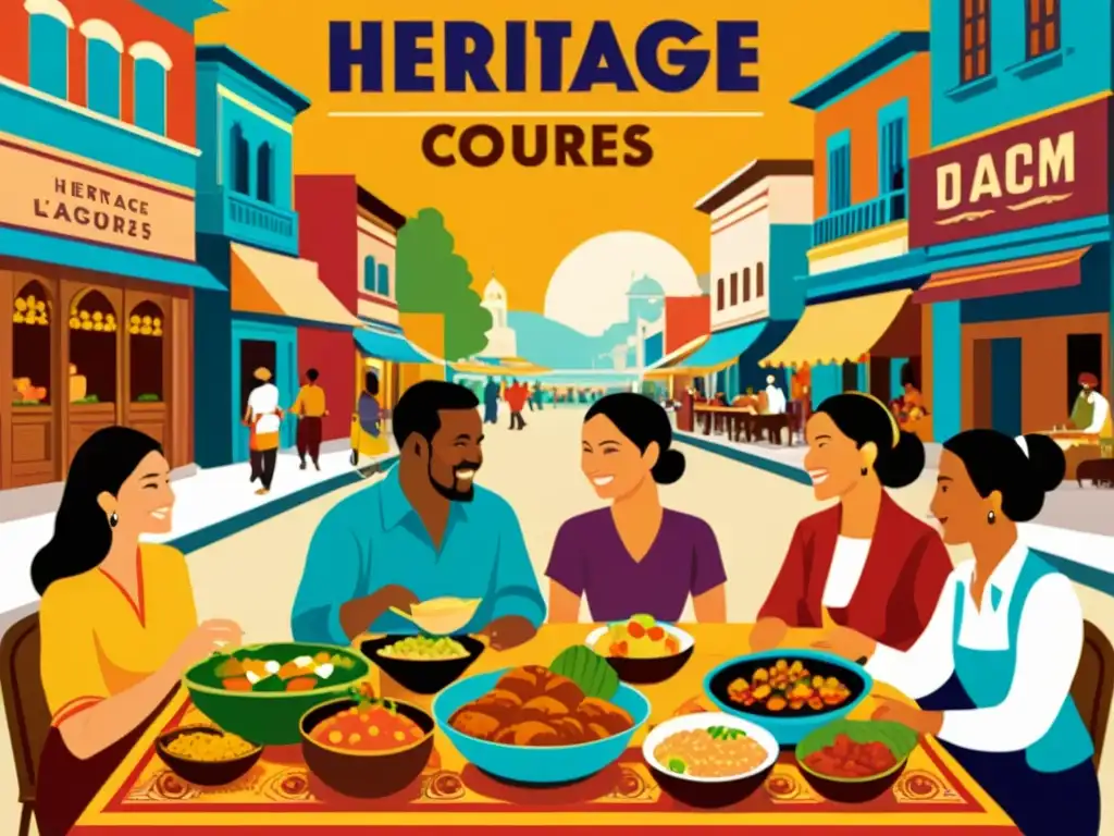 Cursos de hablantes de herencia: Diversidad cultural en animada conversación alrededor de una mesa festiva en una ciudad vibrante