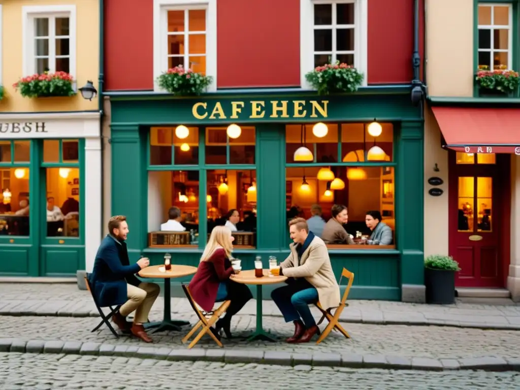 Aprende danés en Copenhague en un acogedor café vintage con calles empedradas, edificios coloridos y gente disfrutando de bebidas calientes