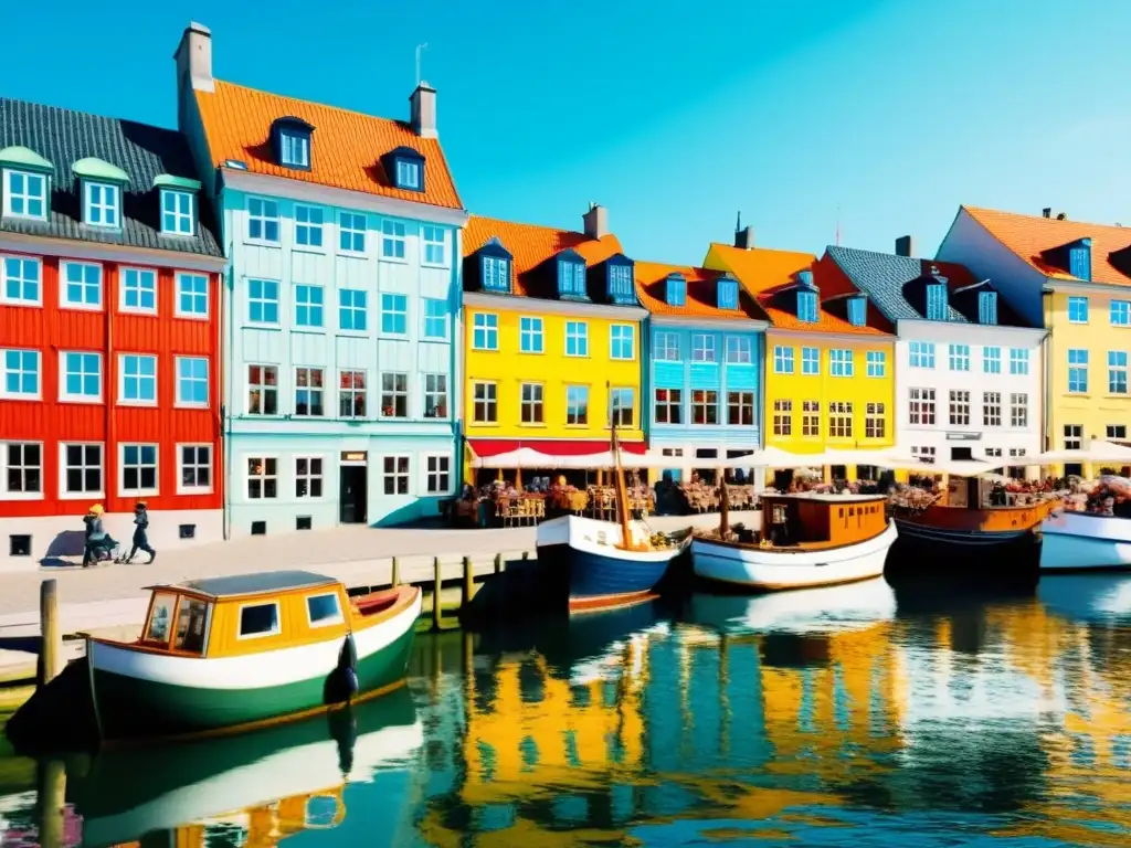 Aprende danés en Copenhague mientras disfrutas del encanto y la belleza de Nyhavn en un día soleado con sus edificios coloridos y barcos antiguos