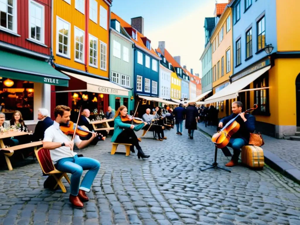 Aprende danés en Copenhague: escena vintage con edificios coloridos, bicicletas y música danesa en la animada calle