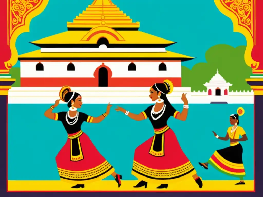 Danzarines tradicionales de Odisha en trajes coloridos, realizando una danza frente a un templo histórico