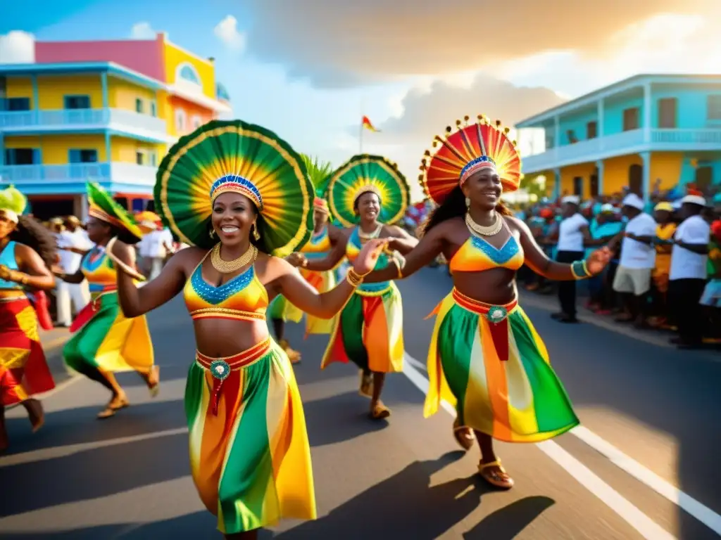 Desfile caribeño con ropa Bantú y murales vibrantes Desfile callejero vibrante con ropa tradicional Bantú, murales coloridos y energía caribeña al atardecer, dejando huella Bantú en el Caribe