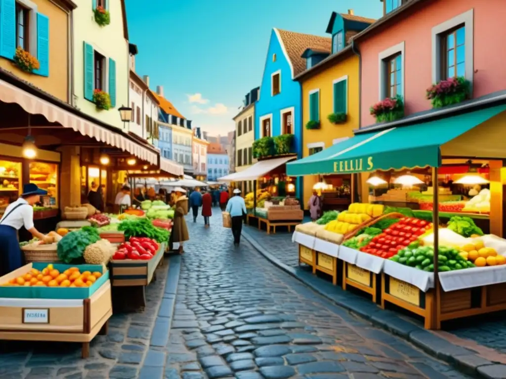 Presentación destinos turismo público global: Un animado mercado en una encantadora ciudad europea, con calles empedradas y edificios coloridos, evocando la nostalgia de viajes clásicos