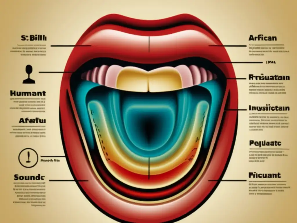 Detallada ilustración vintage de la boca y lengua mostrando los sonidos sibilantes en lenguas SinoTibetanas