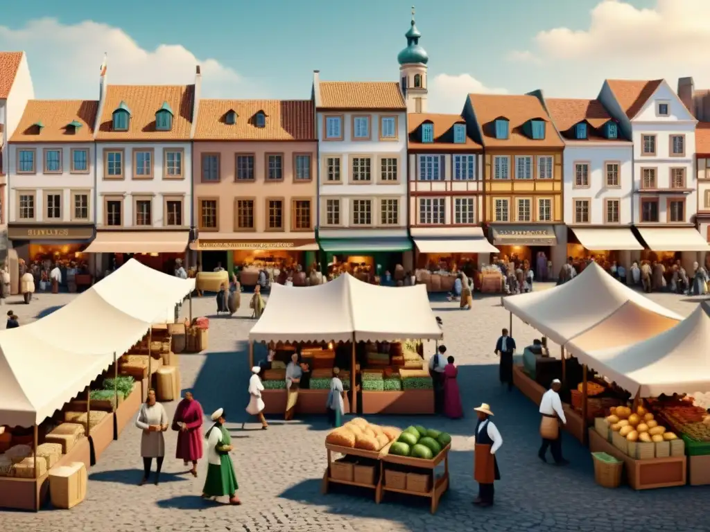 Ilustración detallada de un bullicioso mercado en una plaza histórica, reflejando la diversidad lingüística y la comunicación vibrante