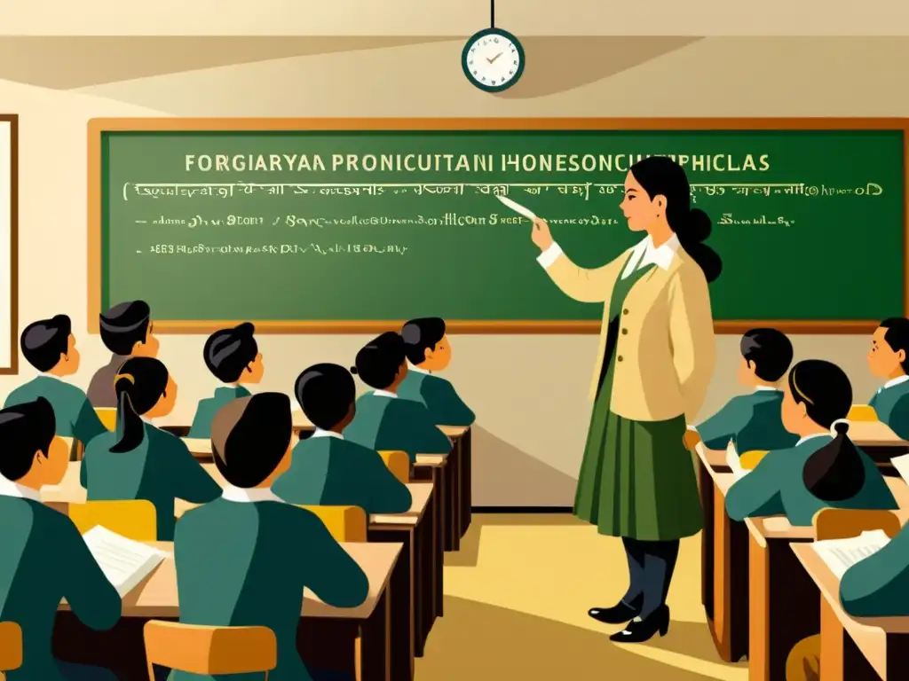 Ilustración vintage detallada en 8k de una clase de idiomas, destacando la importancia de la fonética indoaria en el aprendizaje lingüístico