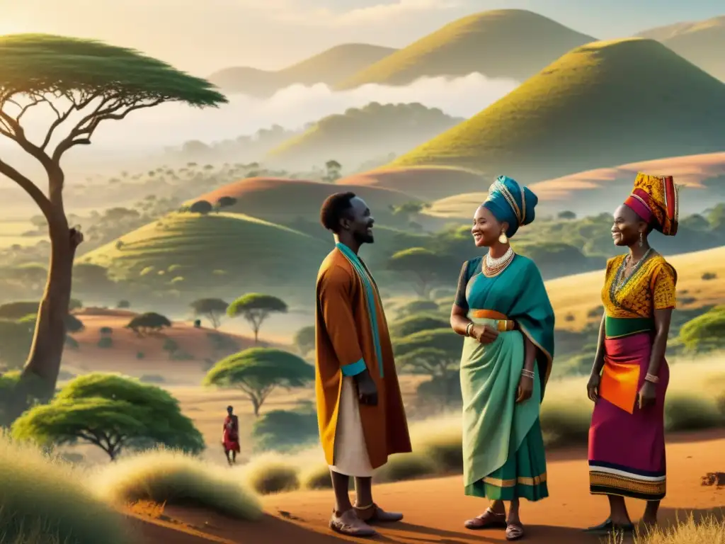 Ilustración detallada en 8k de una conversación en paisaje africano, destaca la diversidad cultural y la fonología de lenguas africanas tonales