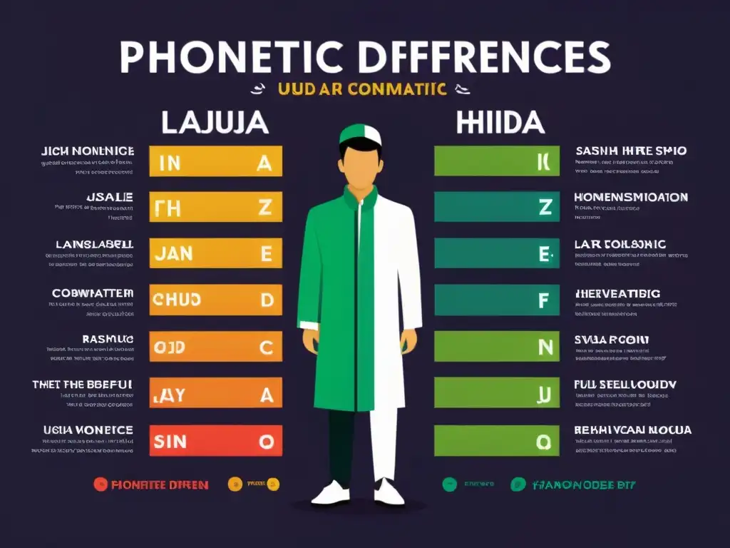 Infografía detallada de las diferencias fonéticas entre Hindi y Urdu, con patrones de sonido coloridos y símbolos fonéticos