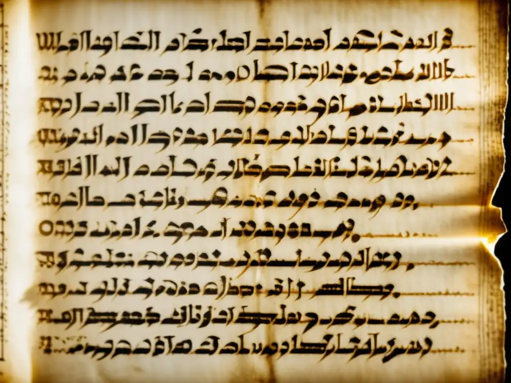 Detallada escritura antigua en manuscrito de los Rollos del Mar Muerto, con caligrafía en hebreo y arameo, tinta desvanecida y aspecto envejecido