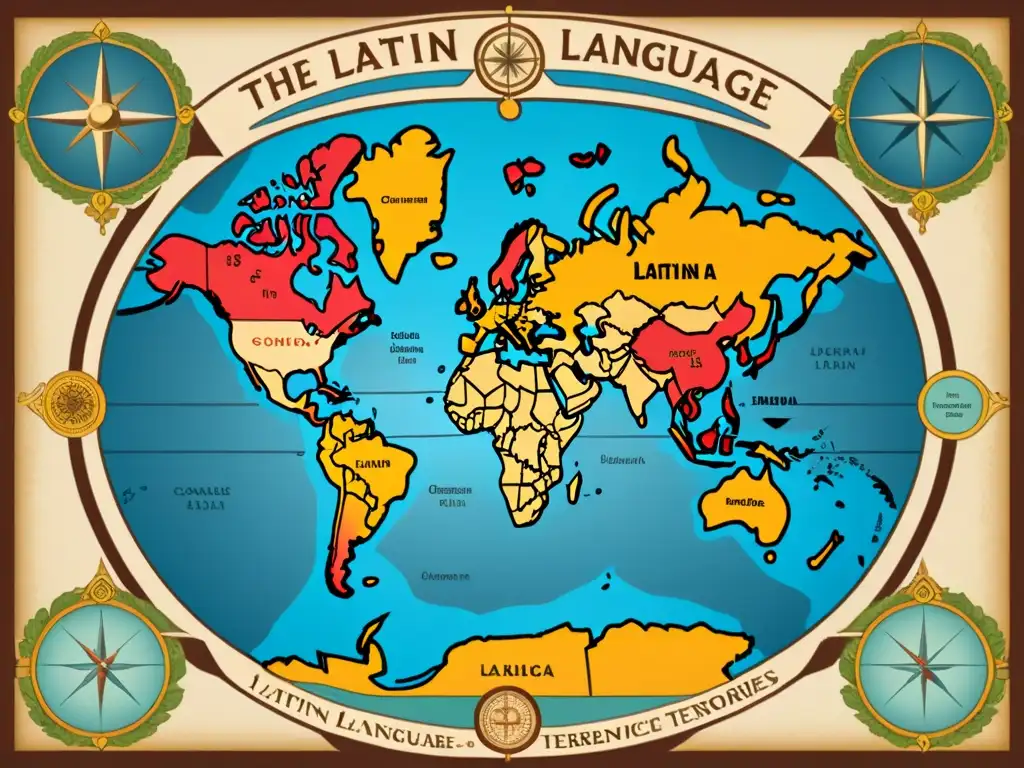 Ilustración detallada de un mapa que muestra la Expansión del latín en distintos territorios, con elementos cartográficos vintage