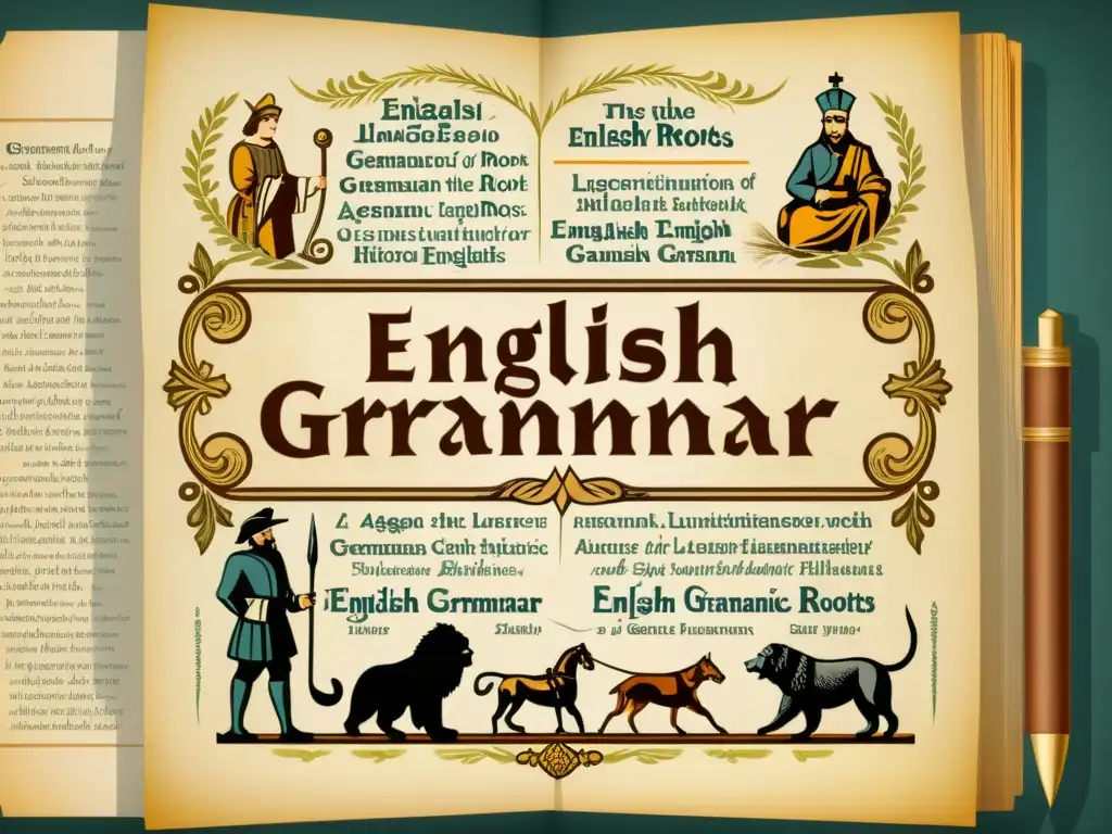 Ilustración detallada del origen germánico de la gramática inglesa, con influencias lingüísticas alemanas y atmósfera académica