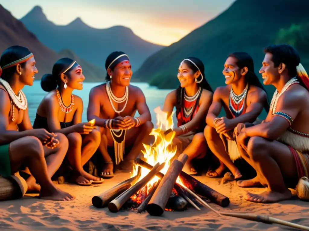 Ilustración detallada de tribu indígena sudamericana alrededor de fogata Detallada ilustración 8k de una tribu indígena sudamericana reuniéndose alrededor de una fogata, capturando la riqueza fonética de sus lenguas