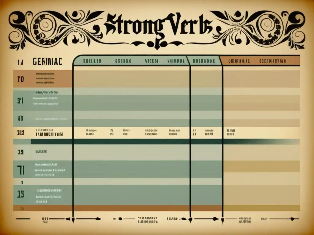 Un detallado cuadro de conjugación verbal en lenguas germánicas, evocando la sofisticación académica y la elegancia atemporal