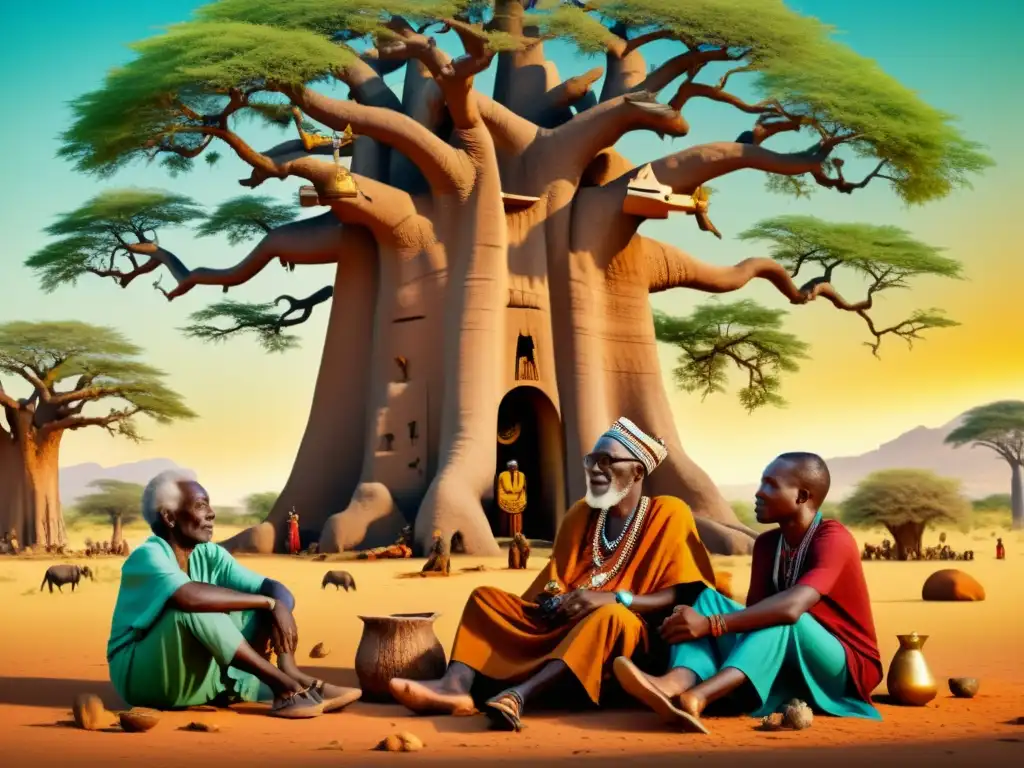 Un detallado dibujo vintage en 8k de ancianos africanos bajo un árbol Baobab, rodeados de símbolos y artefactos tradicionales