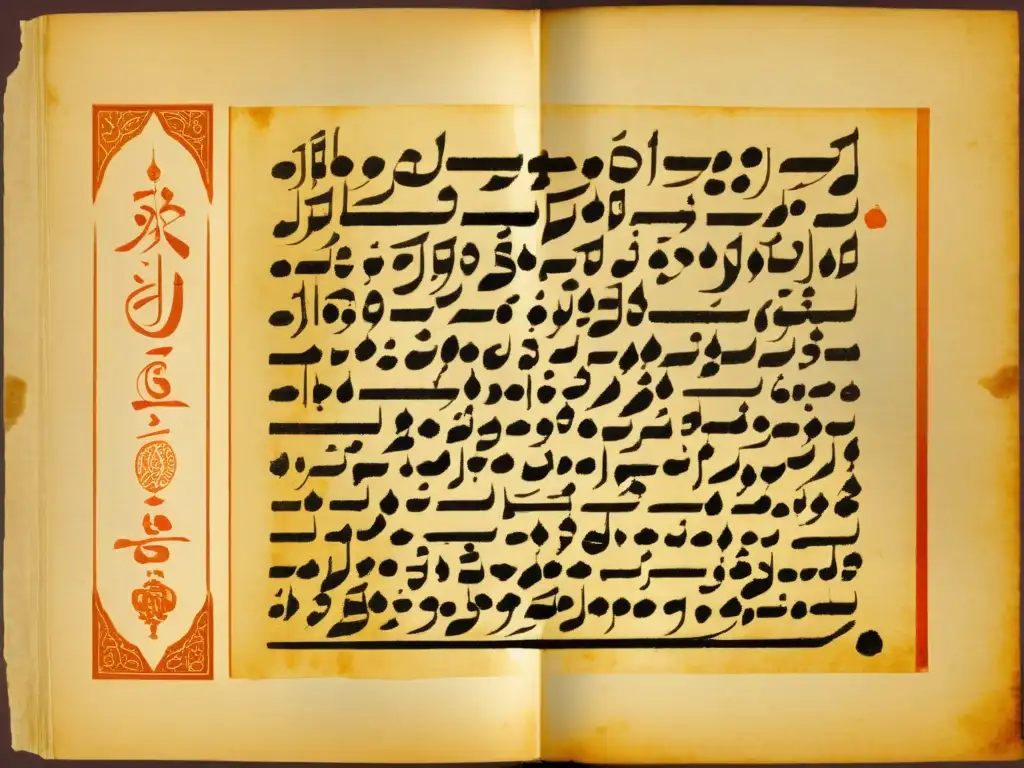 Detallado manuscrito sánscrito antiguo con caligrafía y elementos decorativos, evocando la evolución fonética de lenguas indoarias