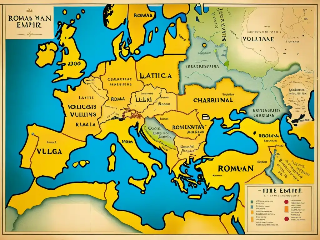 Detallado mapa del Imperio Romano en pergamino amarillento y tinta desvaída