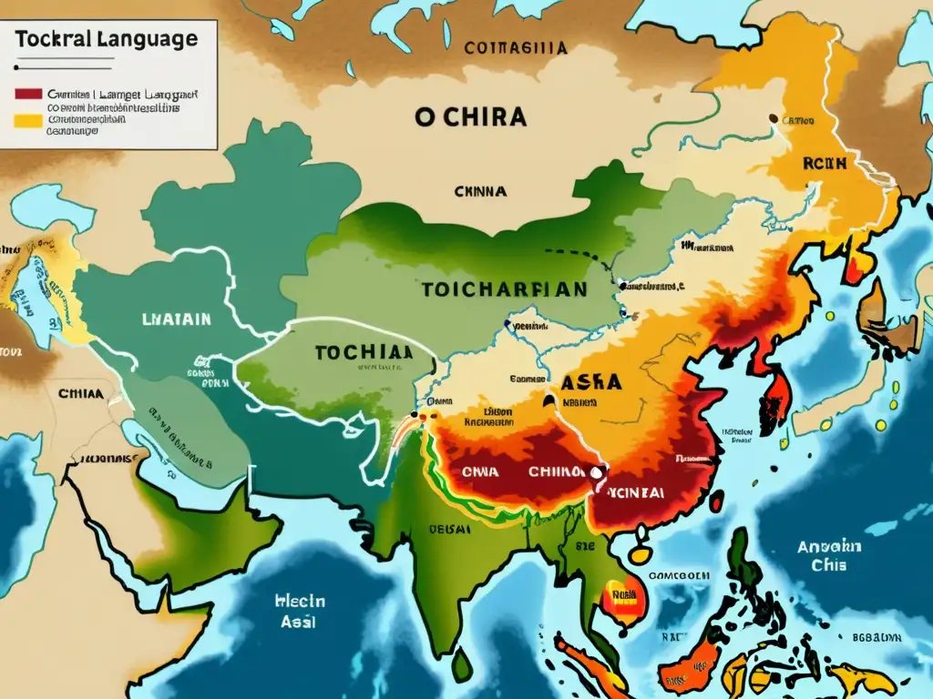 Detallado mapa 8K de la expansión de la lengua Tocharian con conexiones lingüísticas transcontinentales, destacando su influencia en Asia