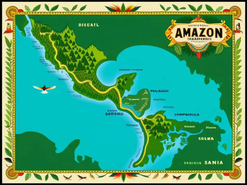 Detallado mapa vintage del Amazonas con comunidades indígenas, flora y fauna