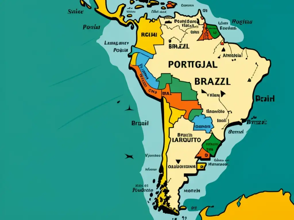 Un detallado mapa vintage de Portugal y Brasil muestra las diferencias en los dialectos regionales y variaciones del idioma portugués