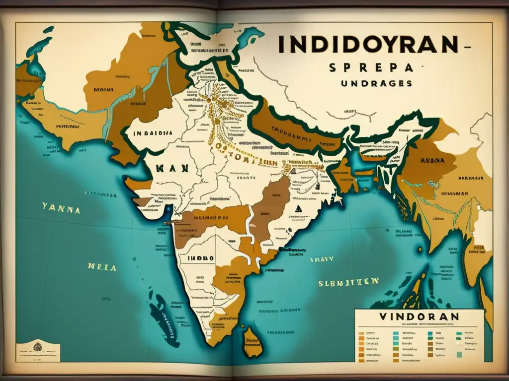 Detallado mapa vintage en 8k de la diversificación de lenguas IndoArias en el subcontinente indio, con caligrafía intrincada y tonos terrosos