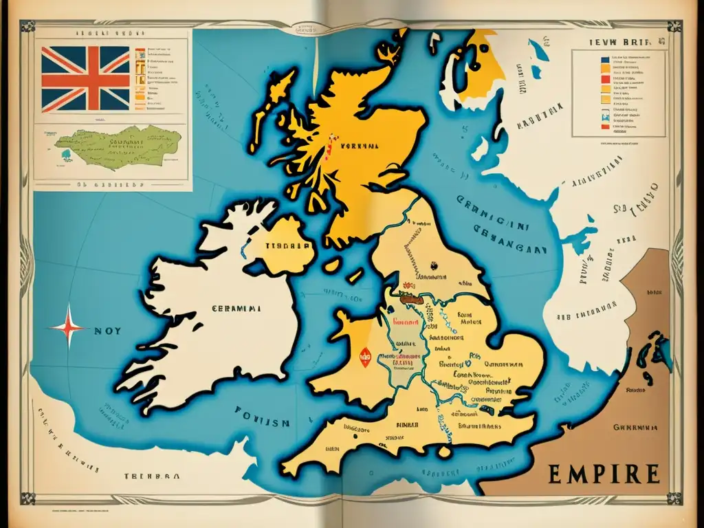 Detallado mapa vintage del Imperio Británico resaltando la influencia del germánico en lenguas y culturas, en tonos cálidos y textura envejecida