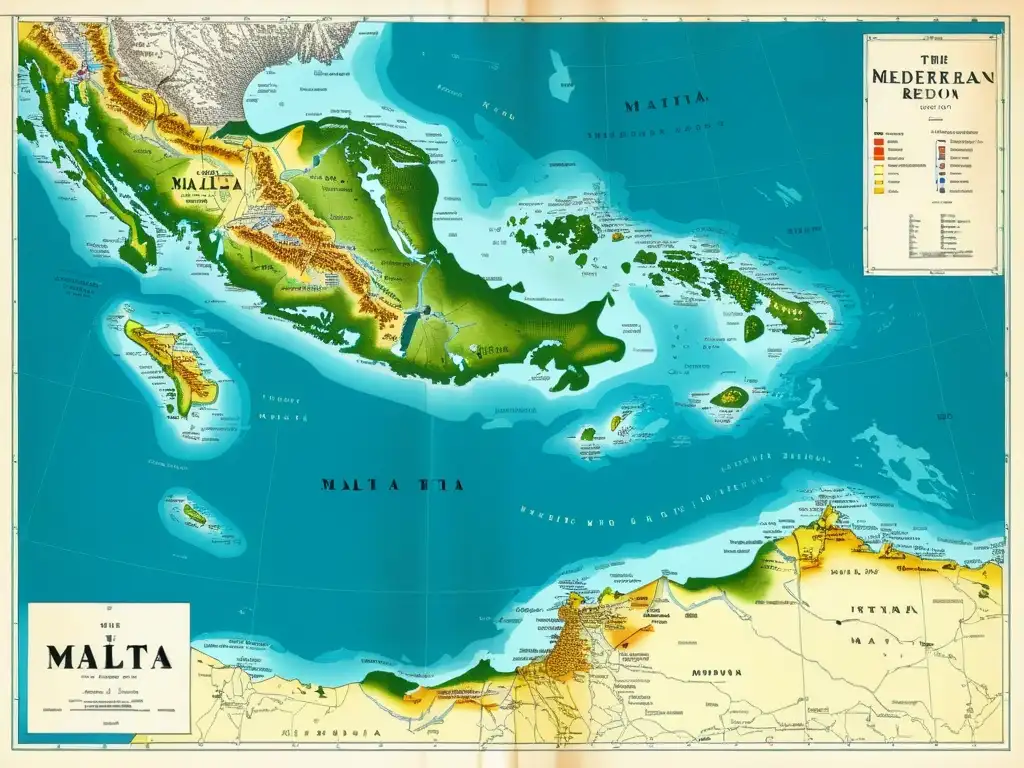 Detallado mapa vintage del Mediterráneo, con enfoque en Malta