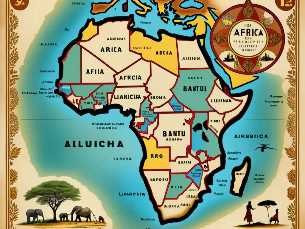 Un detallado mapa vintage de África muestra la rica diversidad de las regiones donde se hablan lenguas bantúes