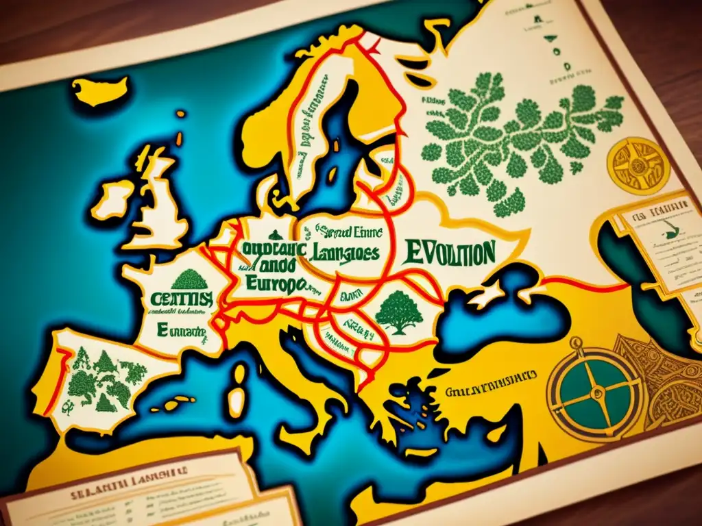 Detallado mapa vintage de la evolución y la ruta de los idiomas celtas en Europa, con ilustraciones de símbolos y artefactos celtas