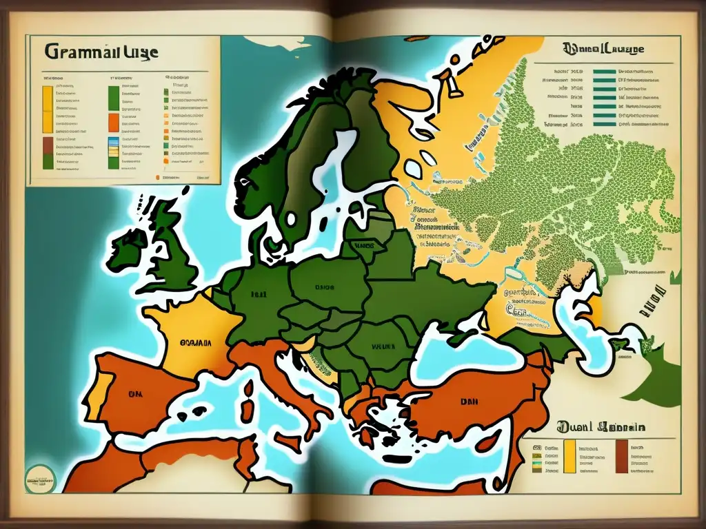 Un detallado mapa vintage muestra los usos del dual gramatical en lenguas indo-europeas