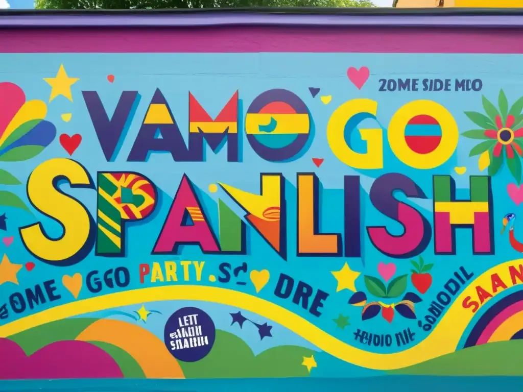 Detallado mural callejero celebra el Spanglish con palabras y colores vibrantes