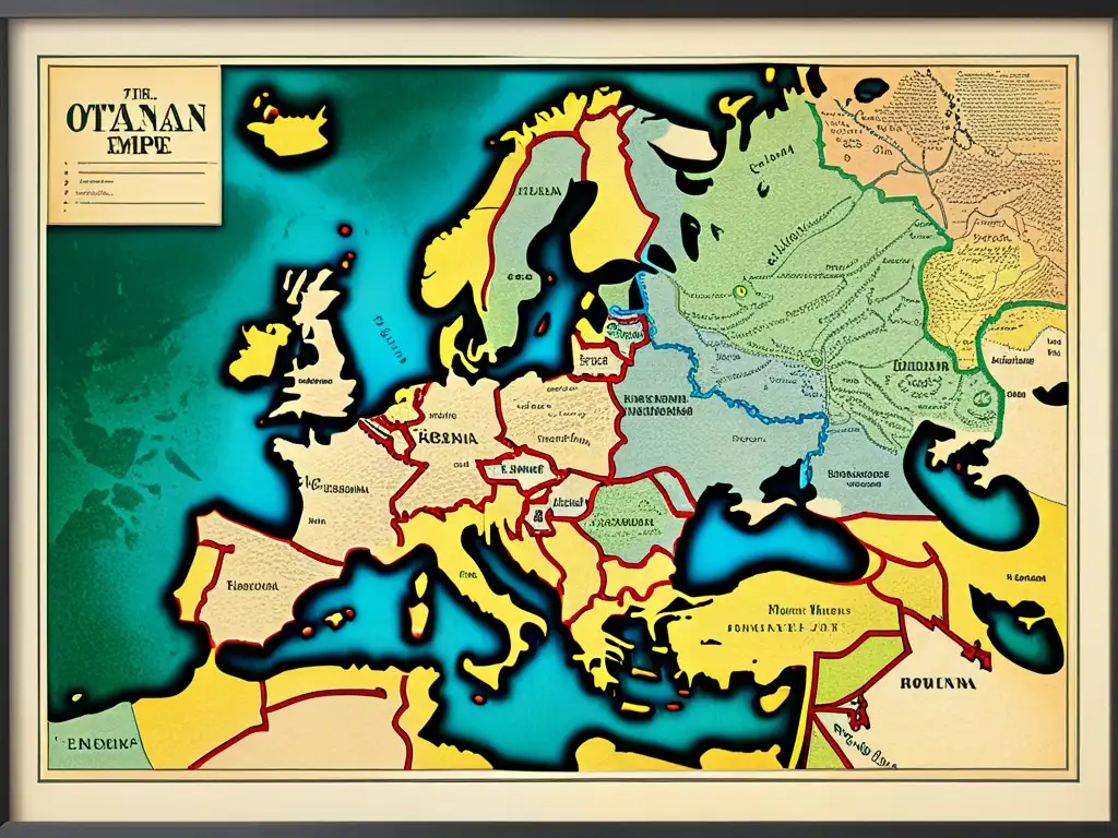 Detalle de un antiguo mapa del Imperio Otomano mostrando influencias lingüísticas en los Balcanes