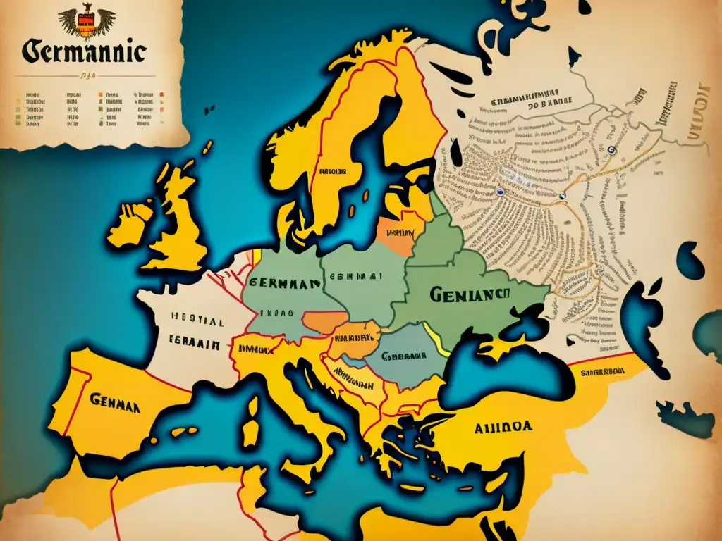 Detalle de un antiguo mapa que muestra la expansión y evolución de las lenguas germánicas en Europa, con caligrafía y colores desvaídos que representan las distintas regiones lingüísticas