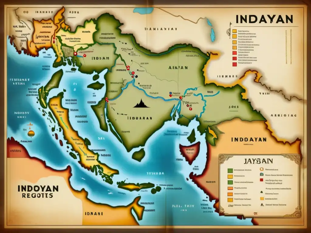 Detalle de un antiguo mapa vintage de la región Indo-Aria, mostrando rutas de migración y evolución lingüística