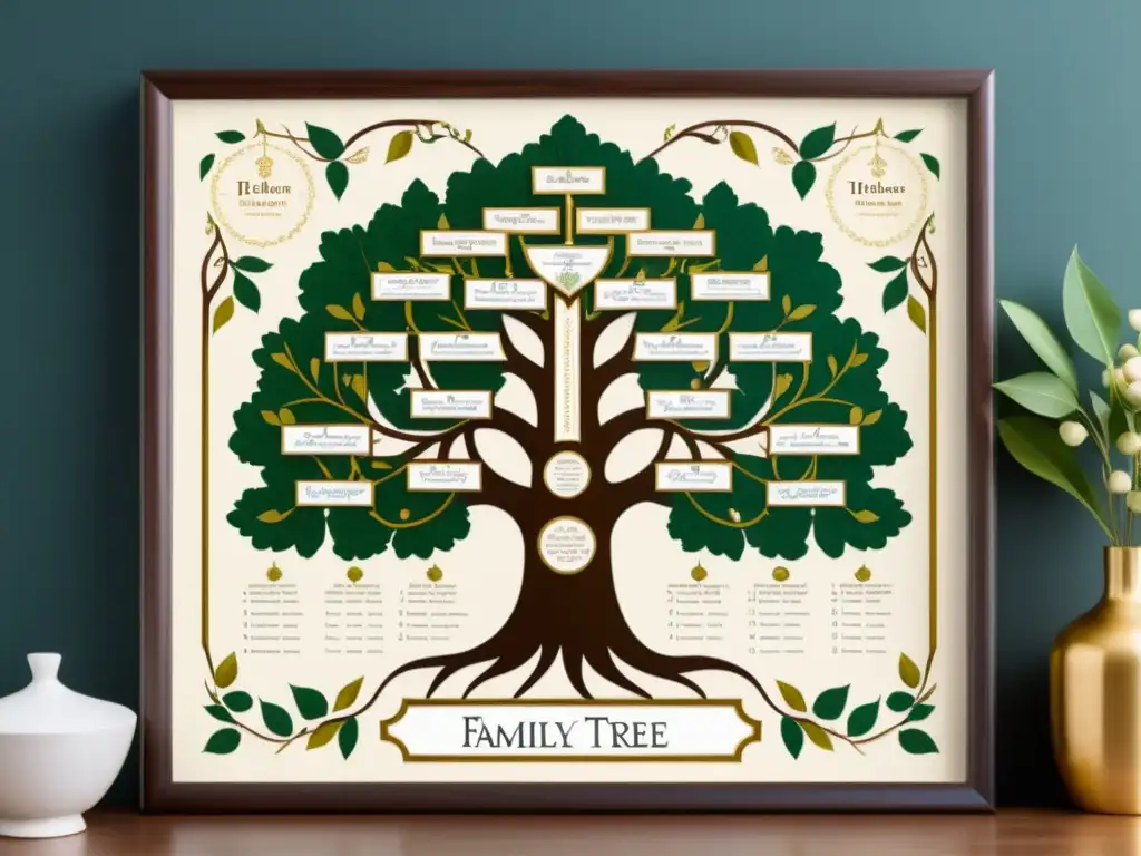 Detalle de árbol genealógico familiar con nombres y fechas escritos a mano, enmarcado por diseños ornamentales y fondo urbano, representando el impacto de los apellidos en sociedad