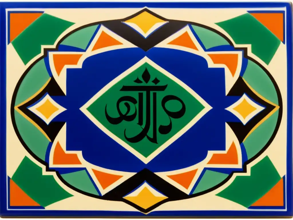 Azulejo vintage con influencia árabe y española Detalle de azulejo español vintage con influencia árabe, patrones geométricos y caligrafía