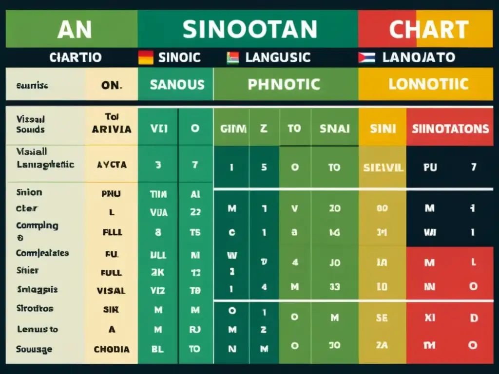 Detalle colorido del complejo cuadro fonético de lenguas SinoTibetanas, ideal para entender las dificultades fonéticas