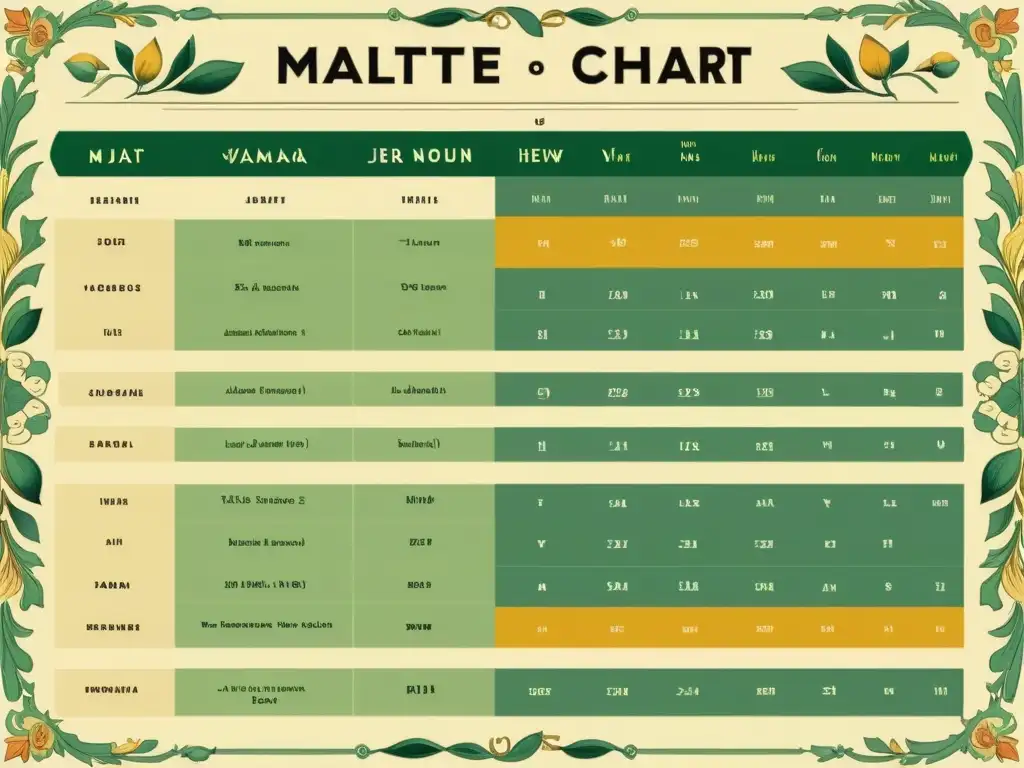 Detalle de ilustración vintage de comparación gramatical del maltés con lenguas semíticas como árabe y hebreo en un diseño ornamental y tonos terrosos