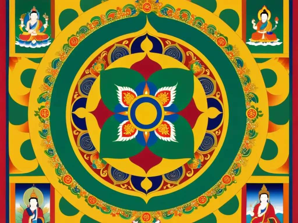 Detalle impresionante de una pintura thangka tibetana con iconografía tradicional, exudando influencia del tibetano en iconografía