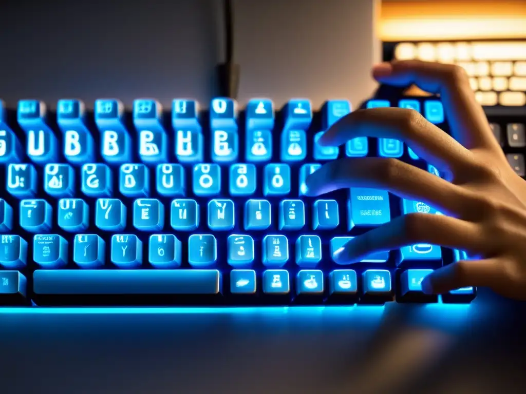 Detalle de manos escribiendo en un teclado, con símbolos detallados