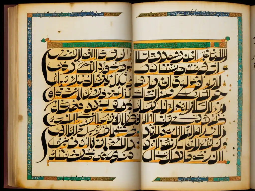 Detalle de manuscrito árabe en Maghrebi, mostrando la evolución del árabe en Magreb con calligrafía y elementos decorativos intrincados