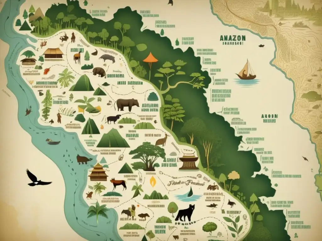 Detalle de mapa artesanal del Amazonas, resaltando la riqueza cultural y lingüística del sistema de evidencialidad en lenguas amazónicas