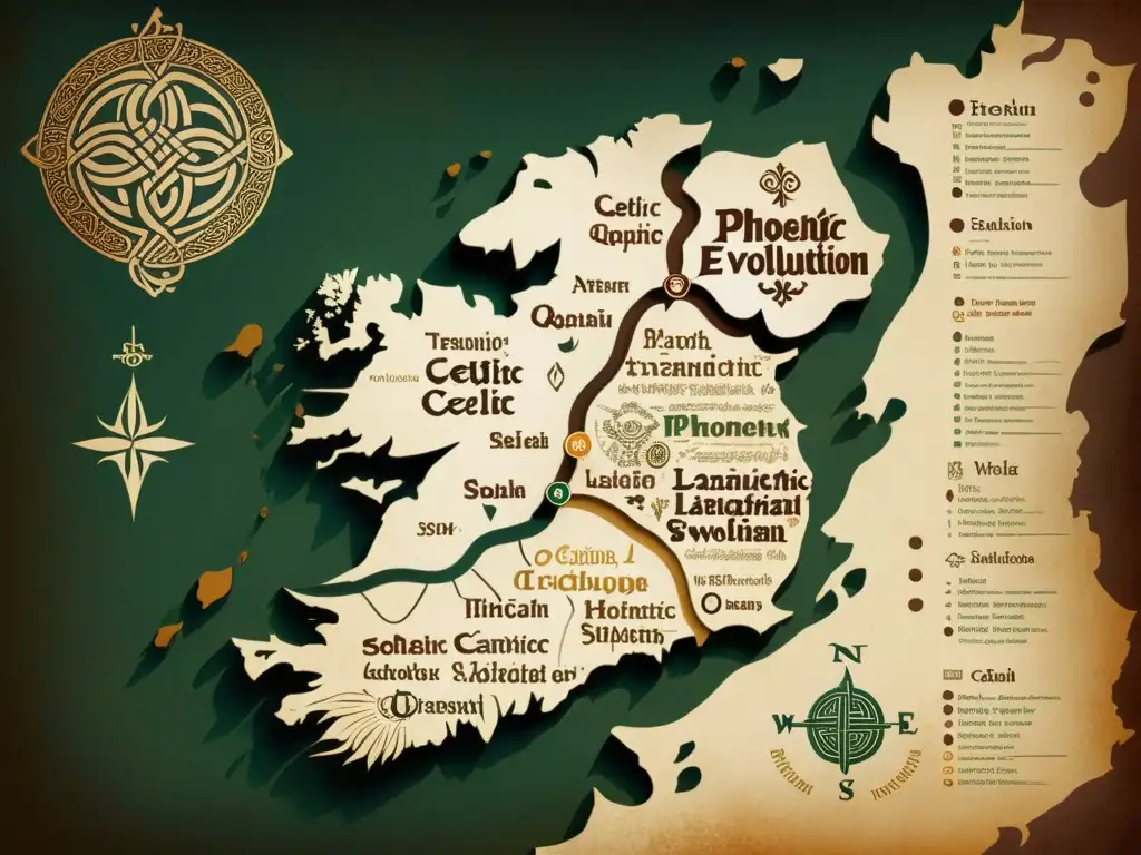 Detalle de mapa vintage con evolución fonética de lenguas celtas antiguas, caligrafía detallada y símbolos celtas entrelazados