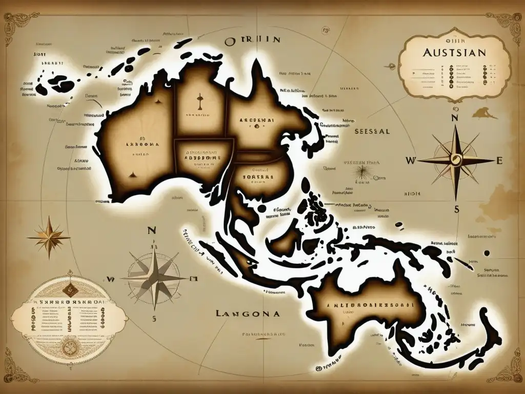 Detalle de mapa vintage de origen y dispersión de lenguas austronesias, con ilustraciones detalladas y tonos sepia